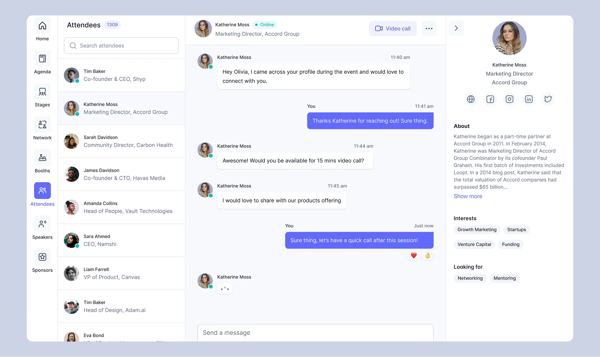 Attendee networking with profiles and messaging