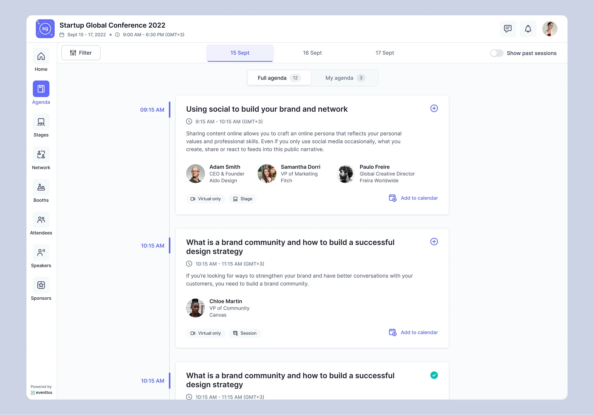 Virtual event agenda with sessions and speakers
