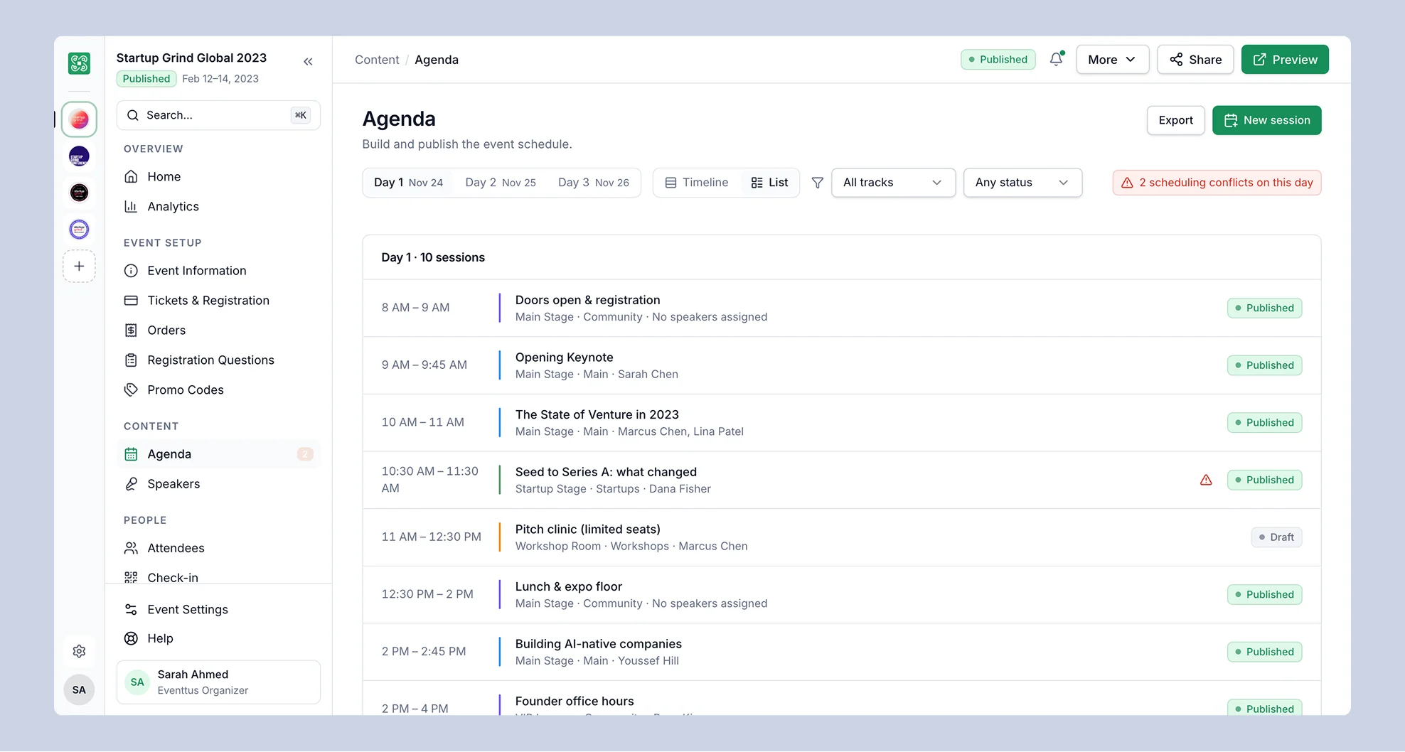 Redesigned Agenda with sessions, tracks and scheduling conflicts