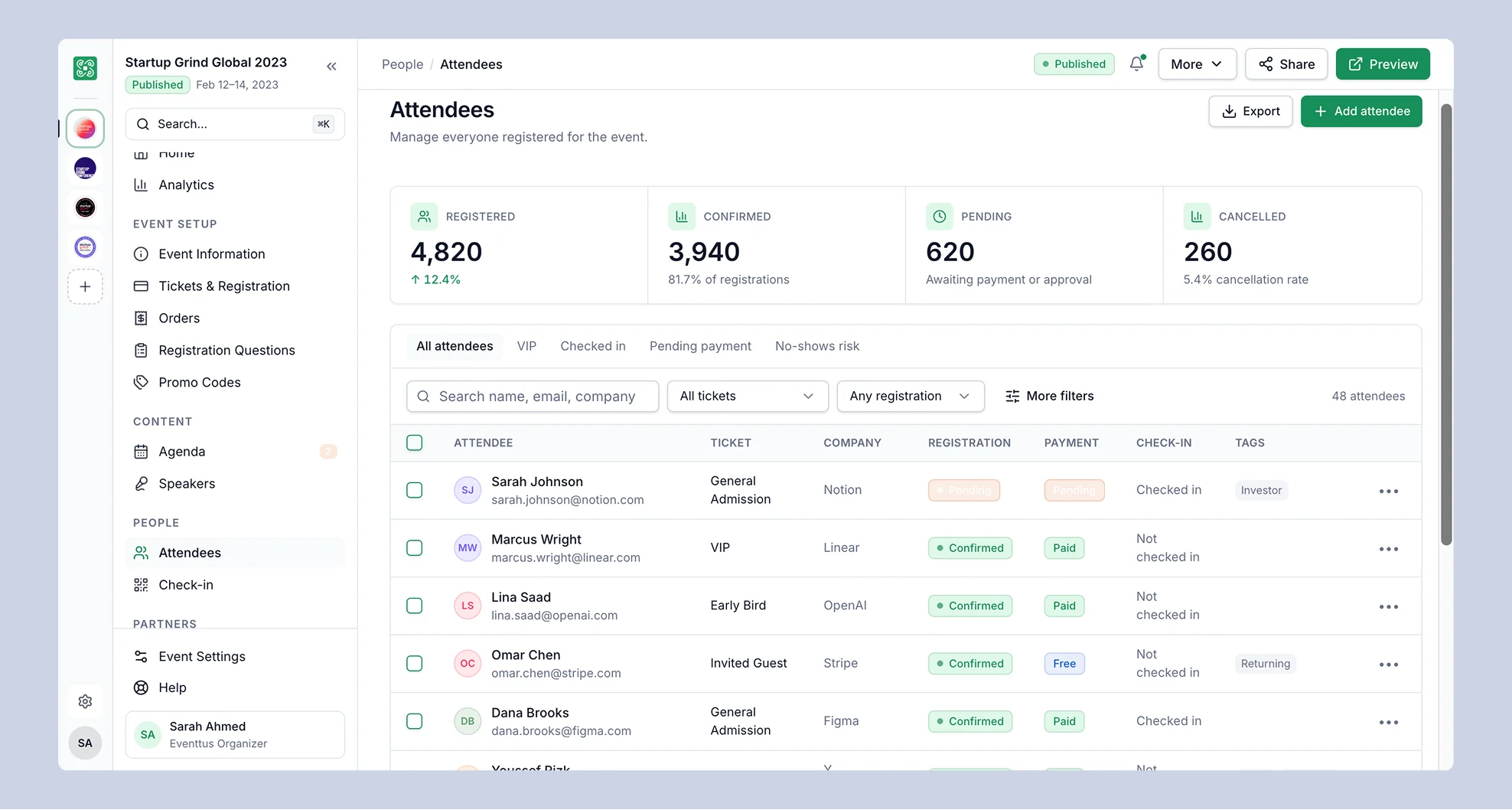 Attendees list with search, filters and status