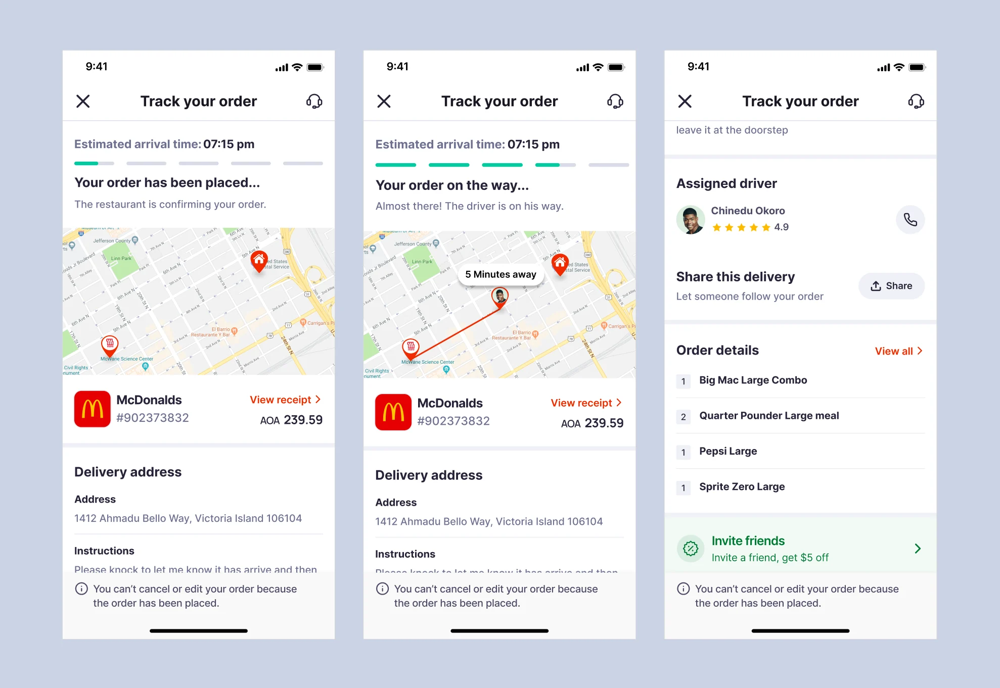 Redesigned order tracking screens