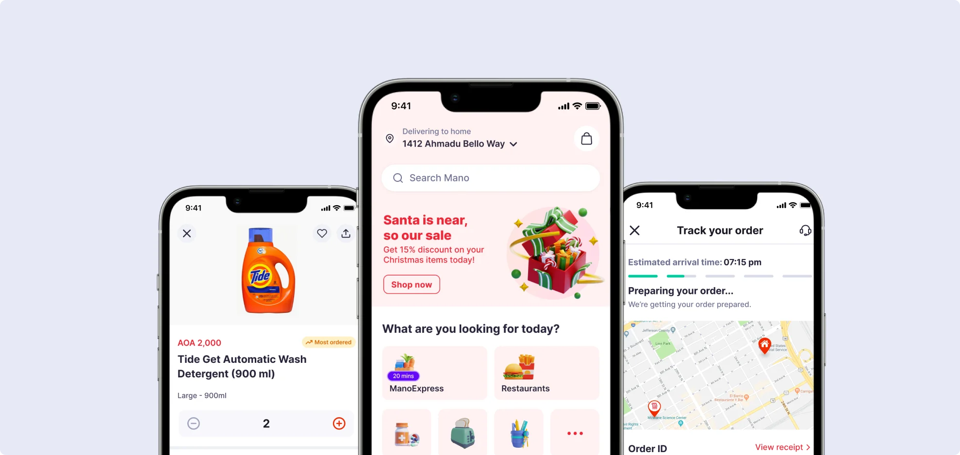 MANO app screens: product page, home and order tracking