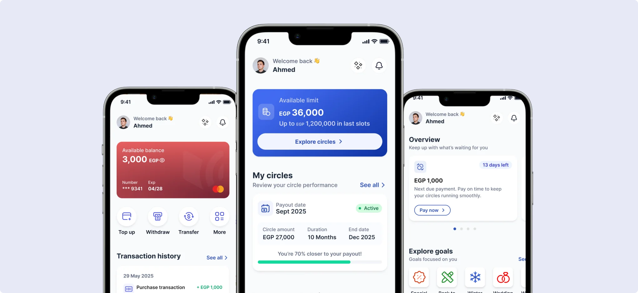 Money Fellows home screens showing balance, circles and overview