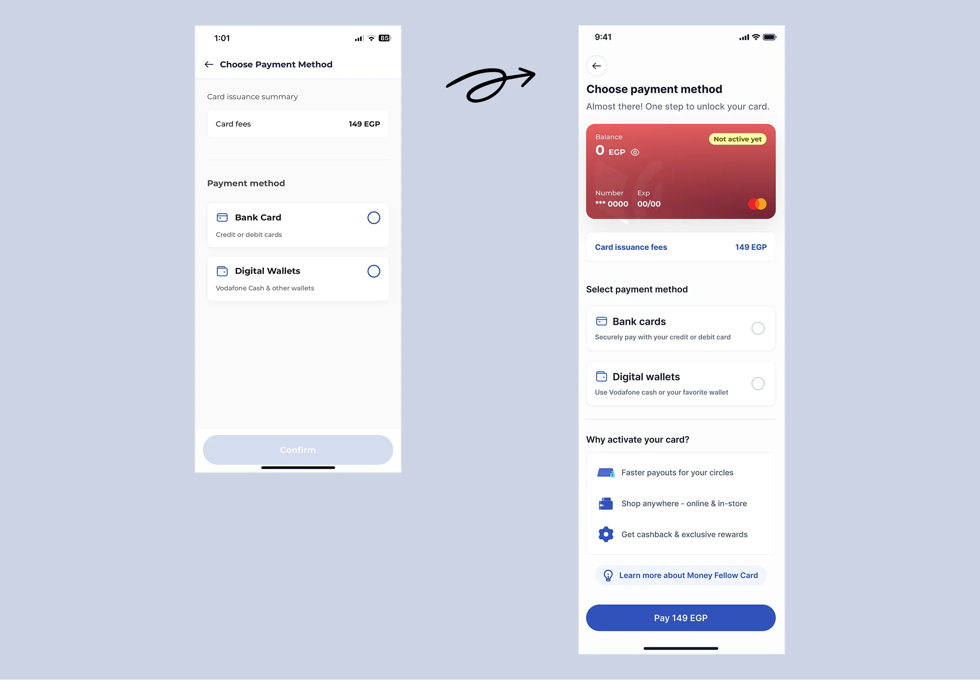 Card activation flow before and after
