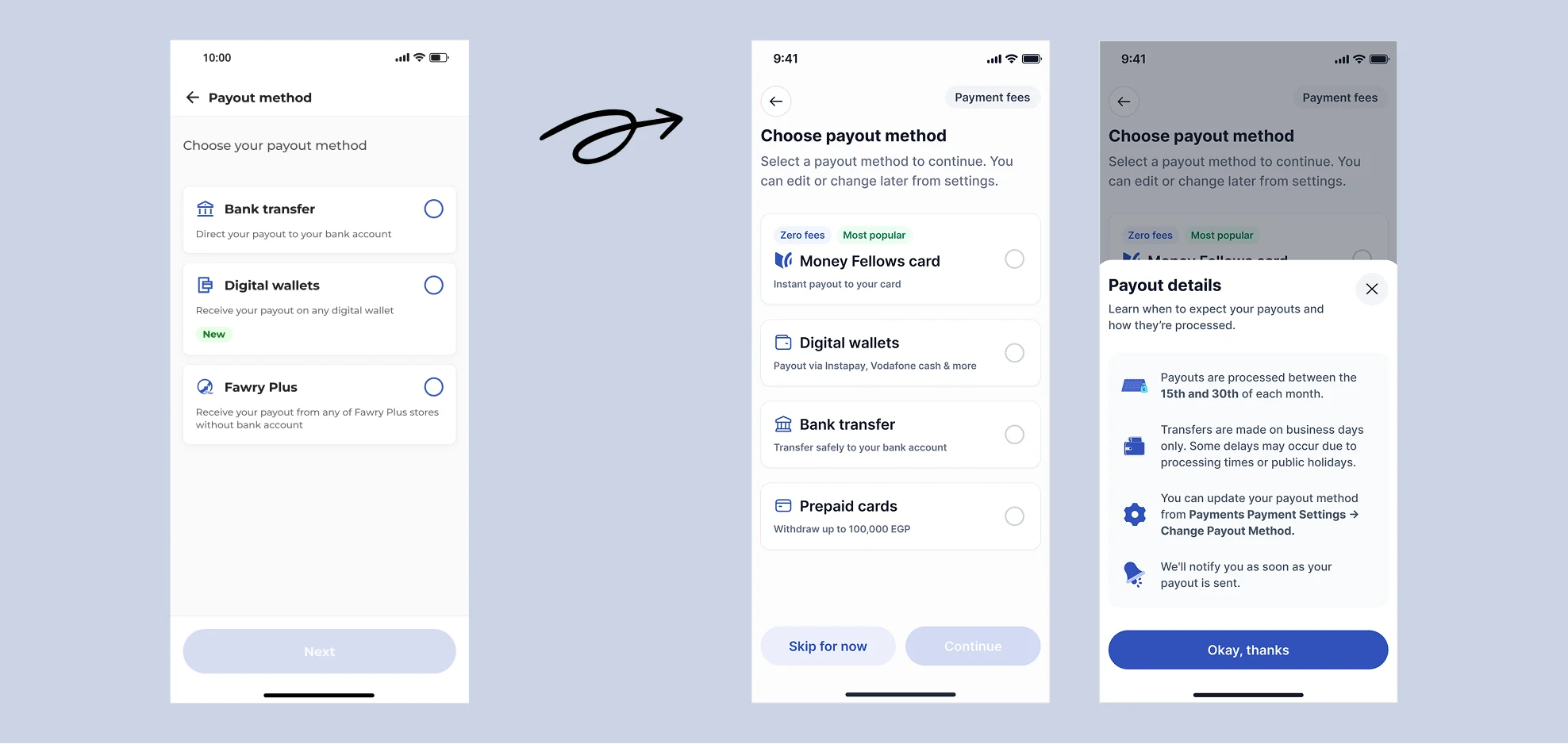 Payout method selection before and after