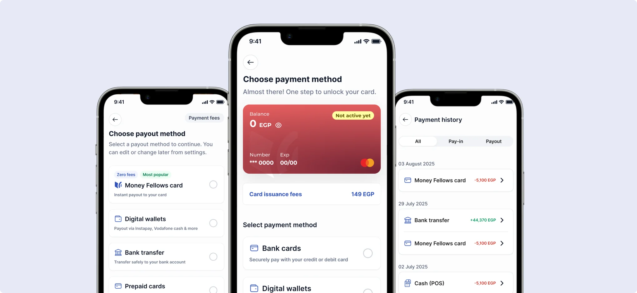 Money Fellows payout and payment method screens
